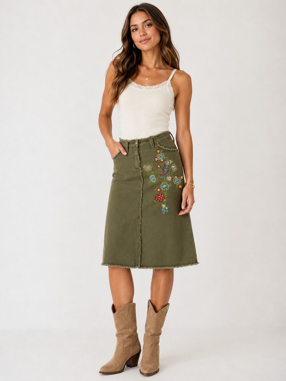 Jones Wear Jeans 4 Olive Embroidered Midi Skirt Raw Hem Paisley Floral Boho